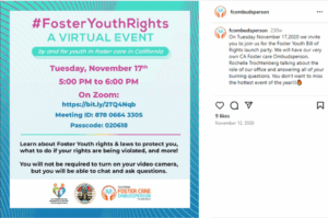 Social media post, Foster Youth Bill of Rights launch party.